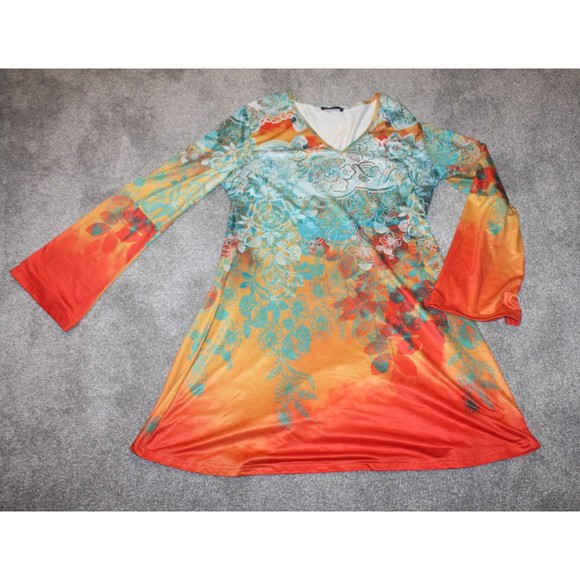 BOHO Chic Flared Sleeve Top Shirt Colorful Orange Flue Floral Design XL Azalea - Picture 5 of 7